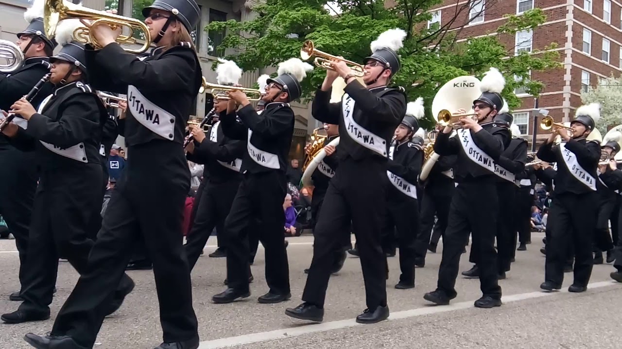 West Ottawa High school marching band at Tulip time parade. May-11-2019 Holland, Michigan