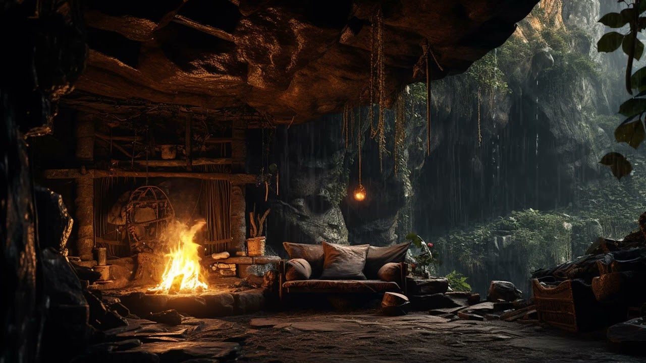 Cozy Cave with Crackling Fireplace, and Rain Symphony for Sleeping - Rainy Day and Night Relaxation