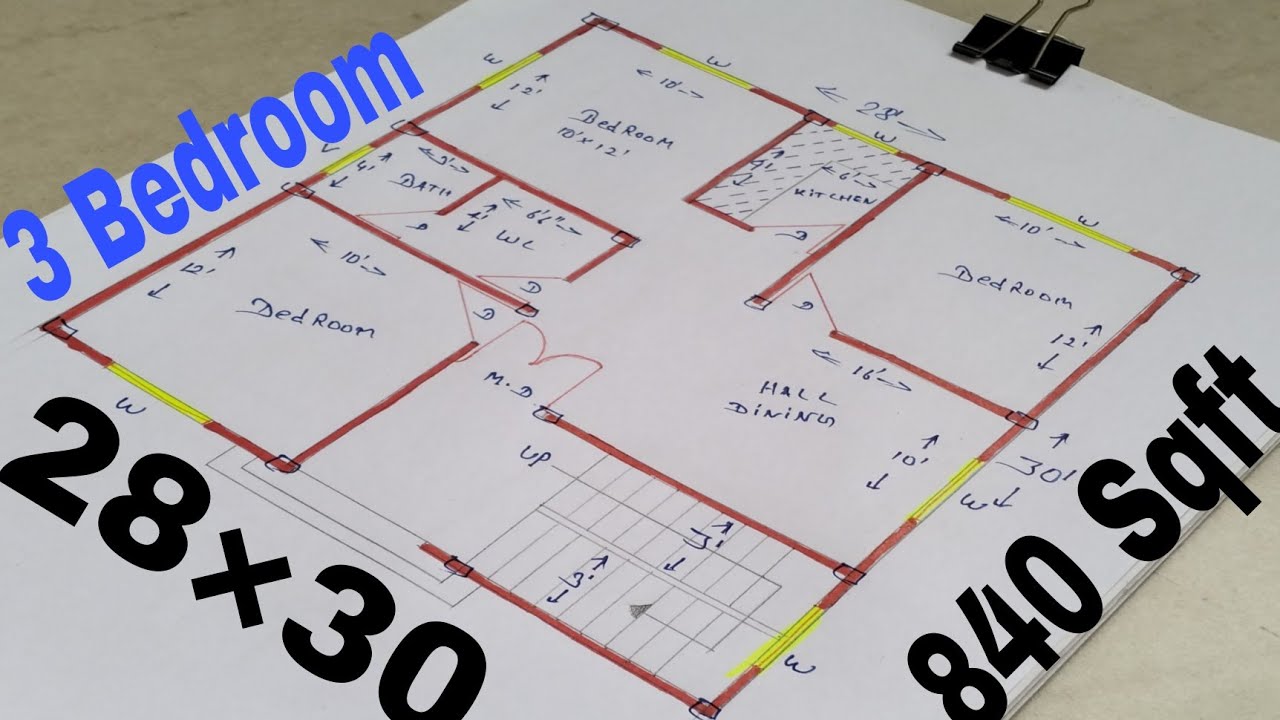 28 by 30 House Plan Design|| 28× 30 Ghar Ka Nakash ||840 Sqft House Plan ||3 Bedroom House Design ||