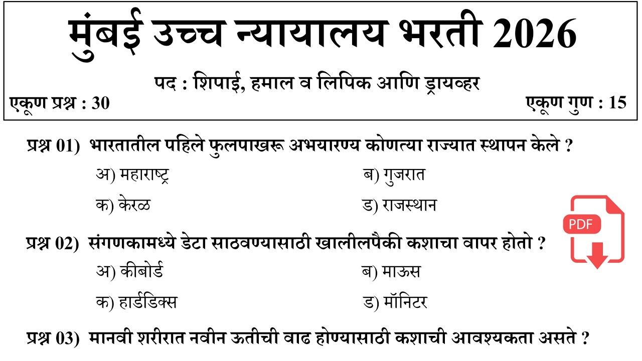 मुंबई उच्च न्यायालय भरती 2026 | शिपाई व हमाल प्रश्नपत्रिका | Bombay High Court Previous Question