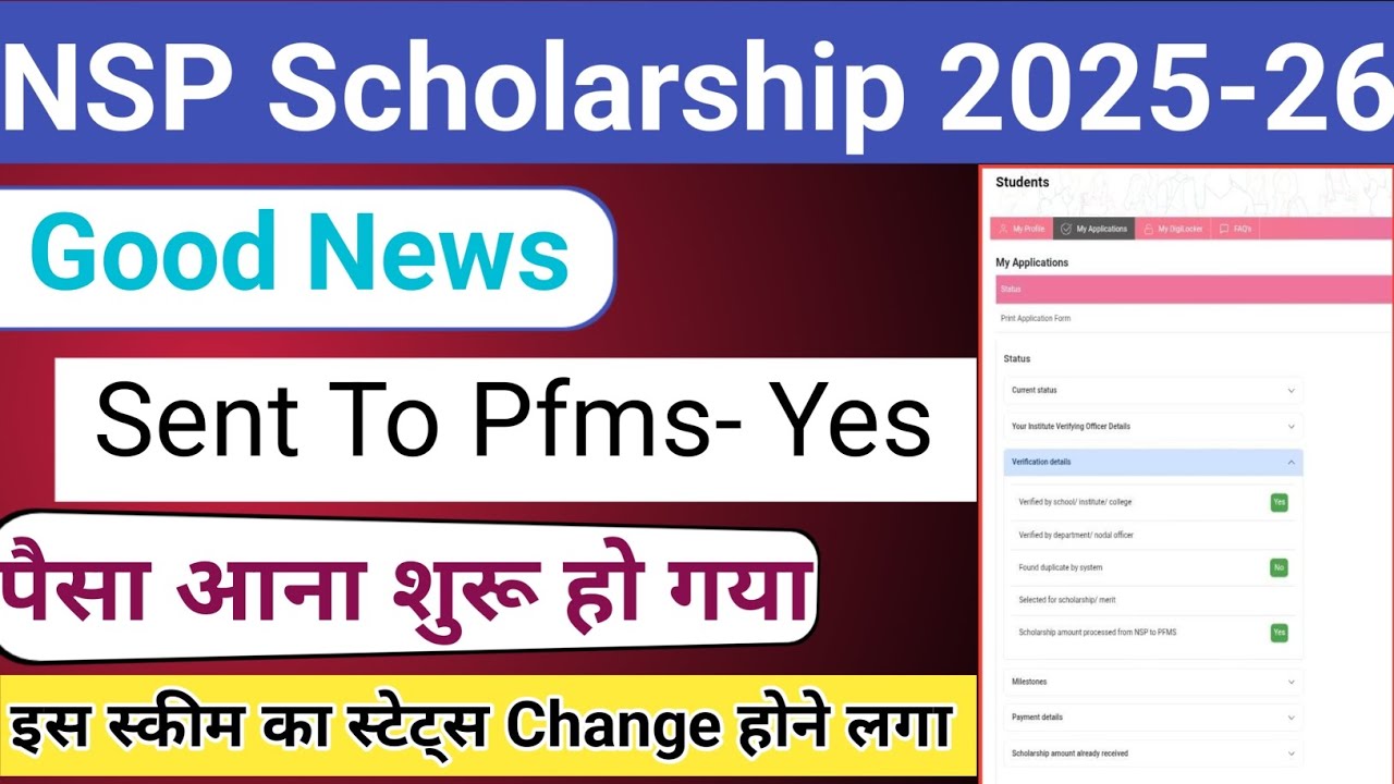 NSP Payment 2025-26 | Application Sent To Pfms Yes | Current Status Change | Status Sent To Pfms Yes