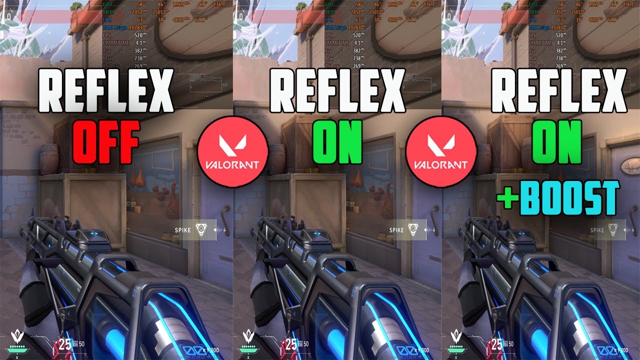 Valorant Nvidia Reflex off VS Nvidia Reflex on vs Nvidia Reflex on + boost