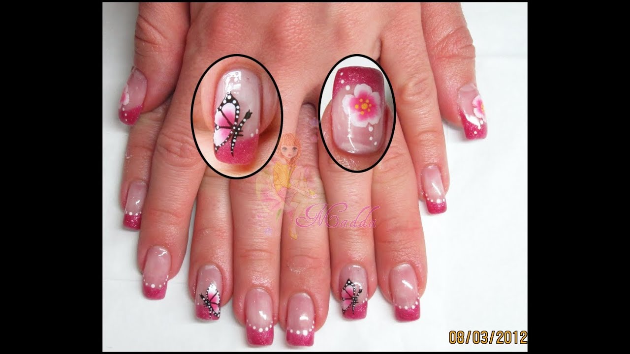 Nail art - French rosa con fiori e farfalla one move (micropittura) || Madda.fashion