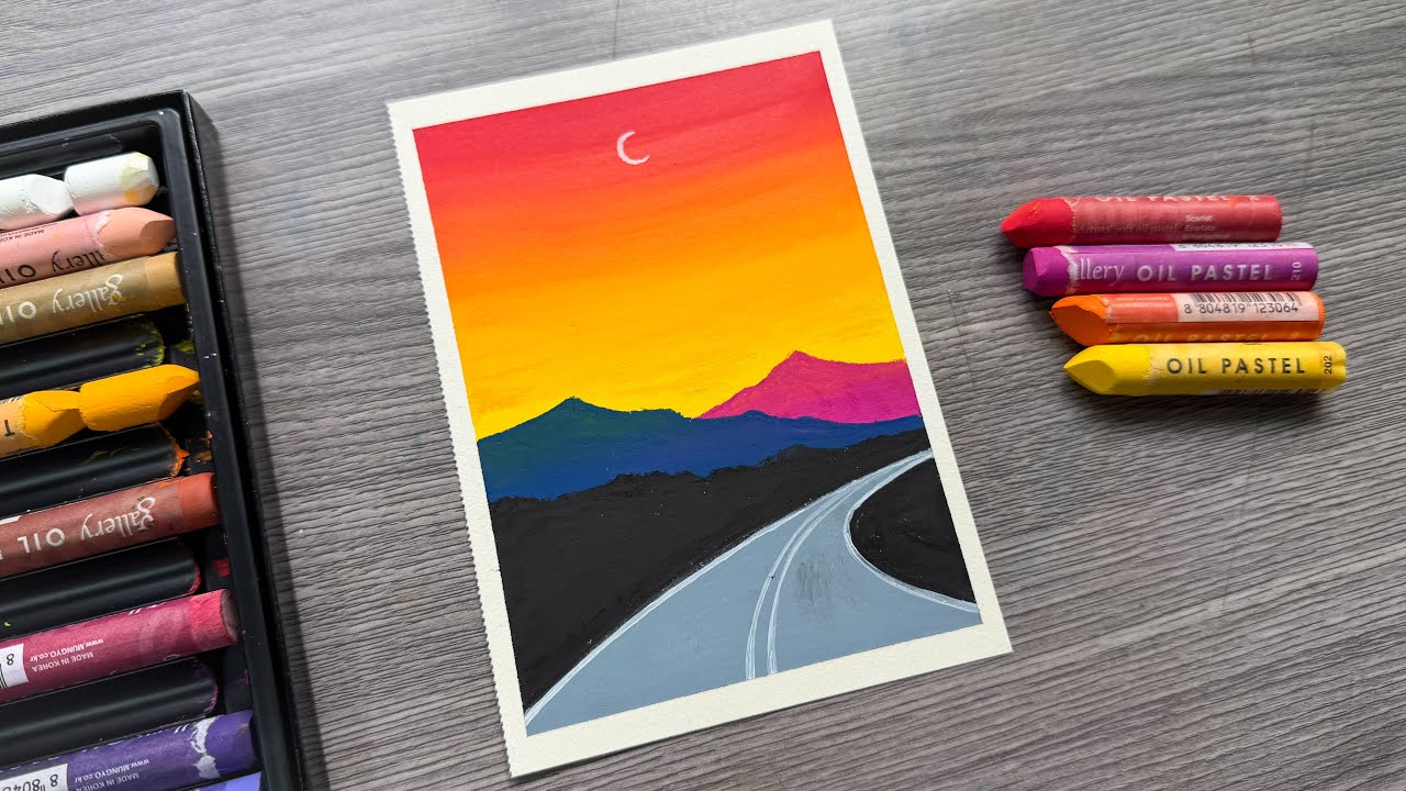 How to Draw a Sunset Road Scenery with Oil Pastels | Easy Step By Step