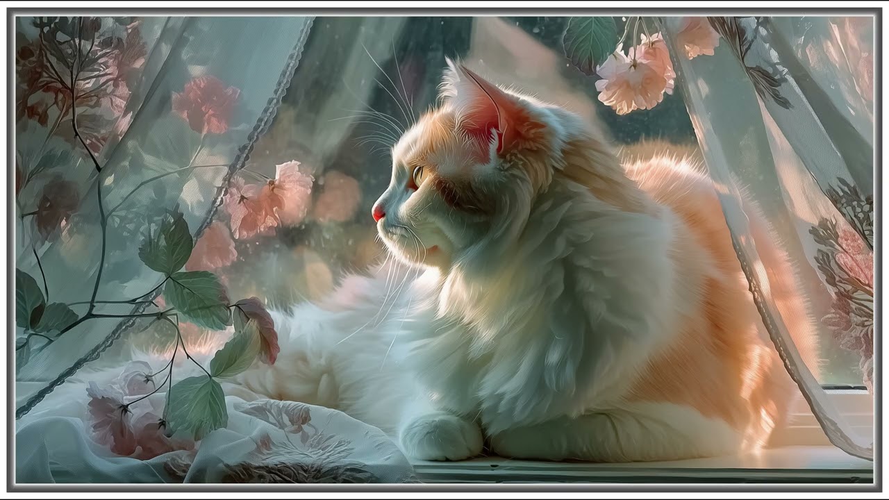 Whispers Of Morning Light | Elegant White Cat in Blooming Serenity | Still Art Screen Saver | 4K
