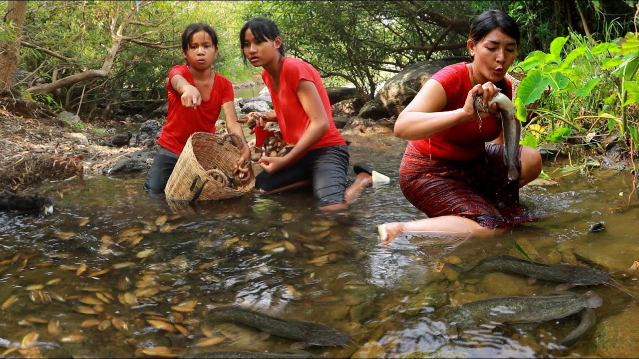 Catch fish and a lot small clam for food/ Grilled fish & Cooking small clam spicy eating delicious