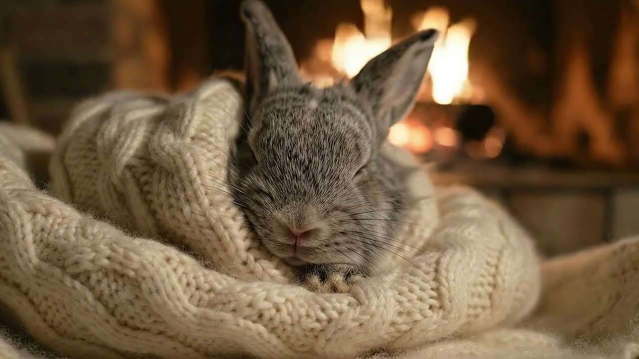 10 HOURS Fluffy Rabbit in Blanket by Fireplace Gentle Fire & Breathing ASMR for Deep Sleep and Comfo