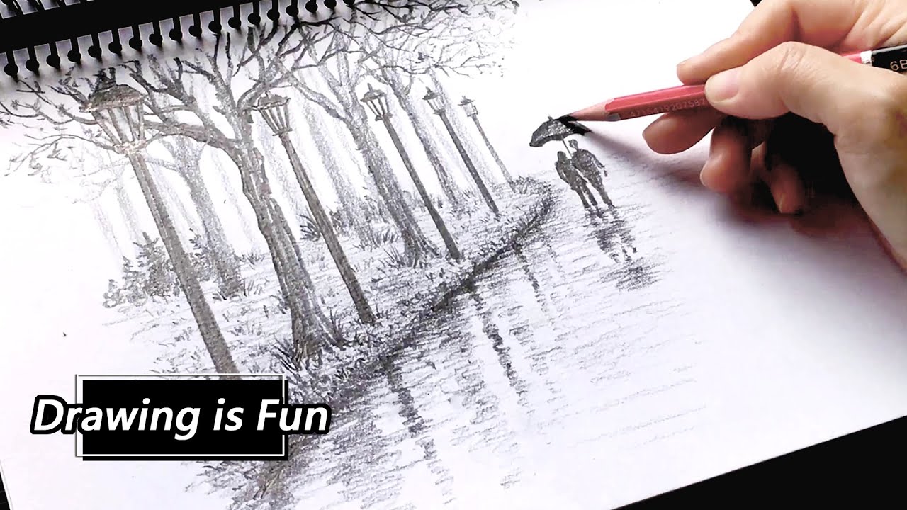 #51 速寫風景 / 鉛筆素描 / 畫雨中漫步 / 畫樹林路燈