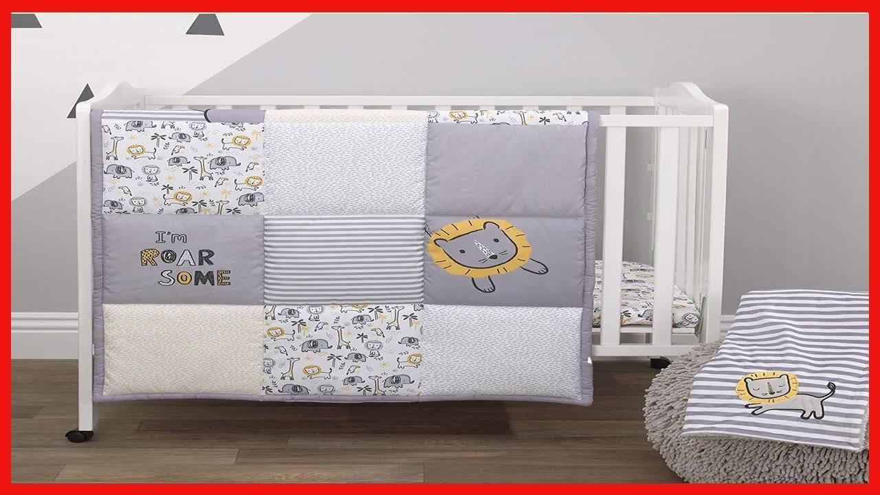 Little Love By Nojo Roarsome Lion, Grey, Yellow, White 3Piece Nursery Mini Crib Bedding Set With