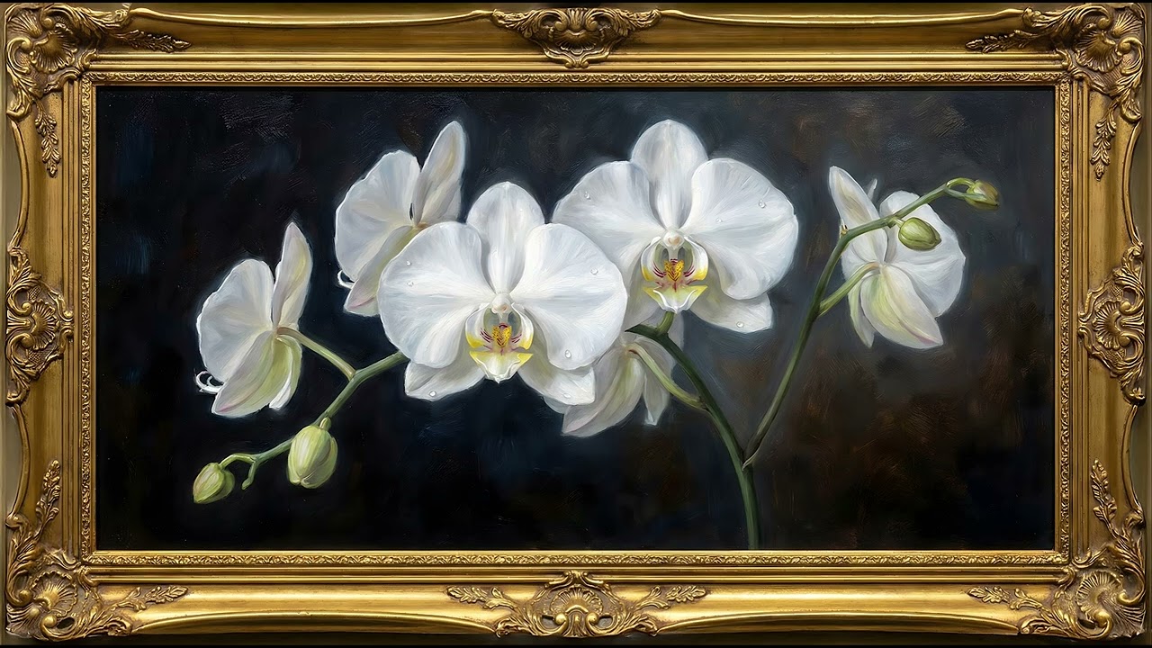 White Orchids on Black 4K | Luxury Gold Frame TV Art | 2 Hour Elegant Floral Screensaver