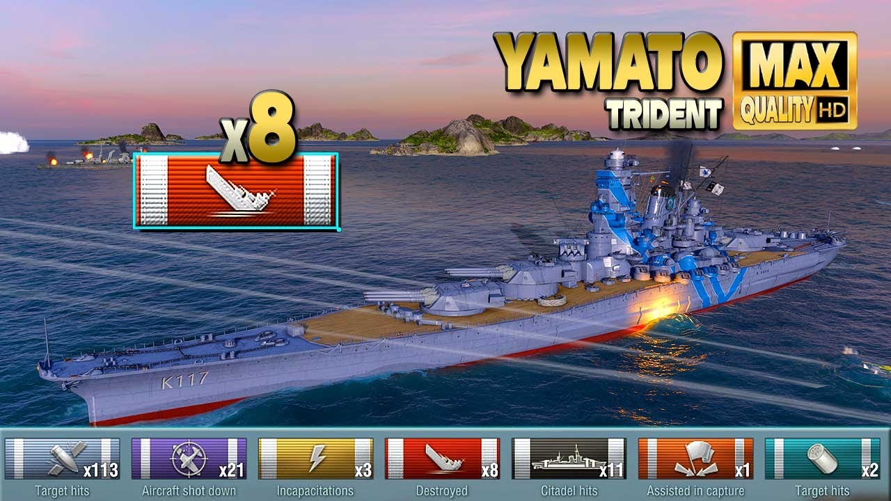battleship Yamato destroyed 8 ships on map Trident - World of Warships