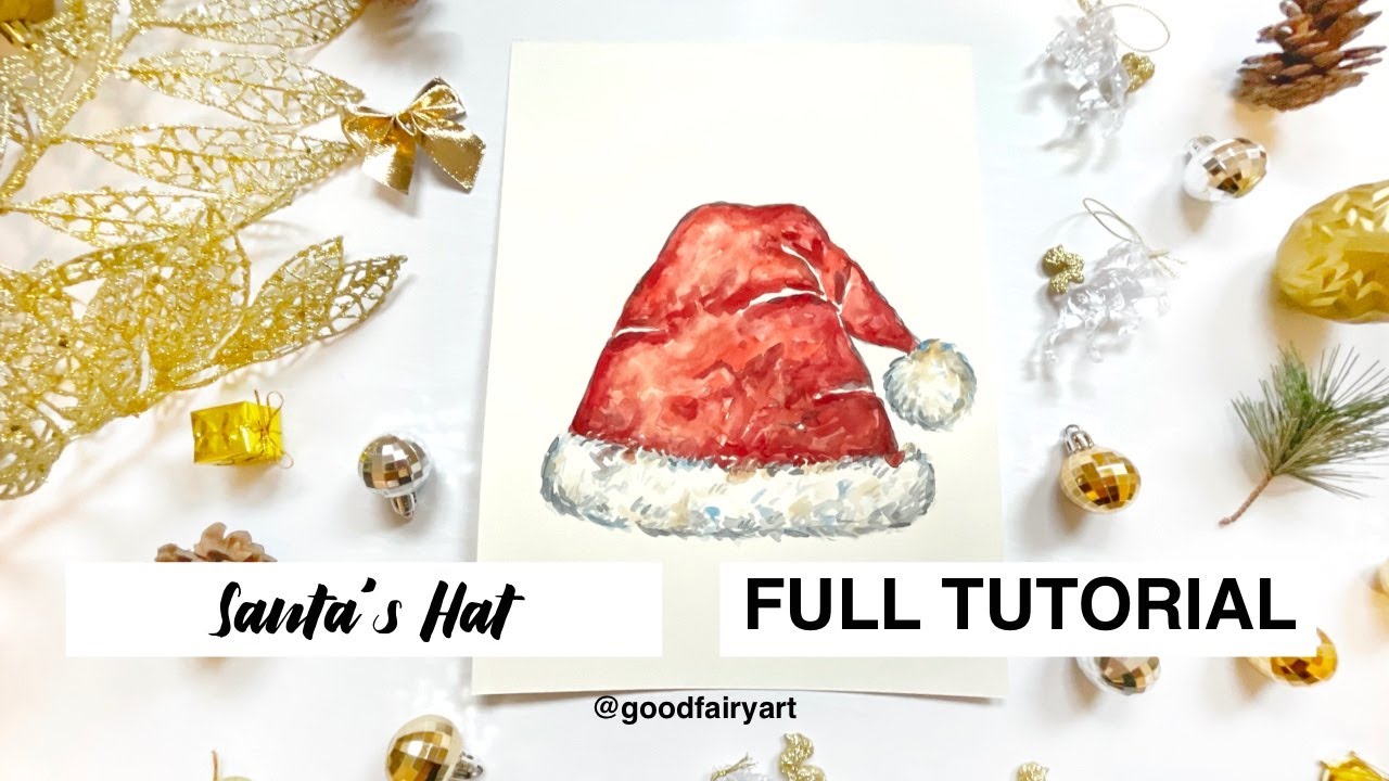 Step by step Santa's Hat Painting - Easy Watercolor Greeting Card Tutorial