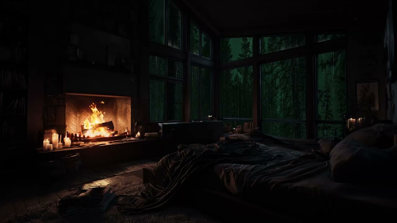 The sound of rain and fire surrounding a quiet forest cabin deep in the woods