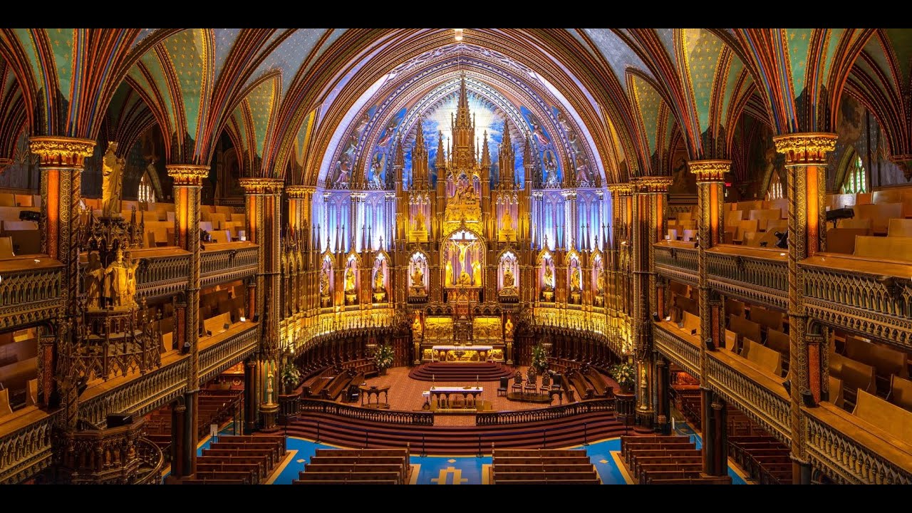 Tour inside magnificent Notre-Dame Basilica built in 1672 in Old District of Montreal, Canada