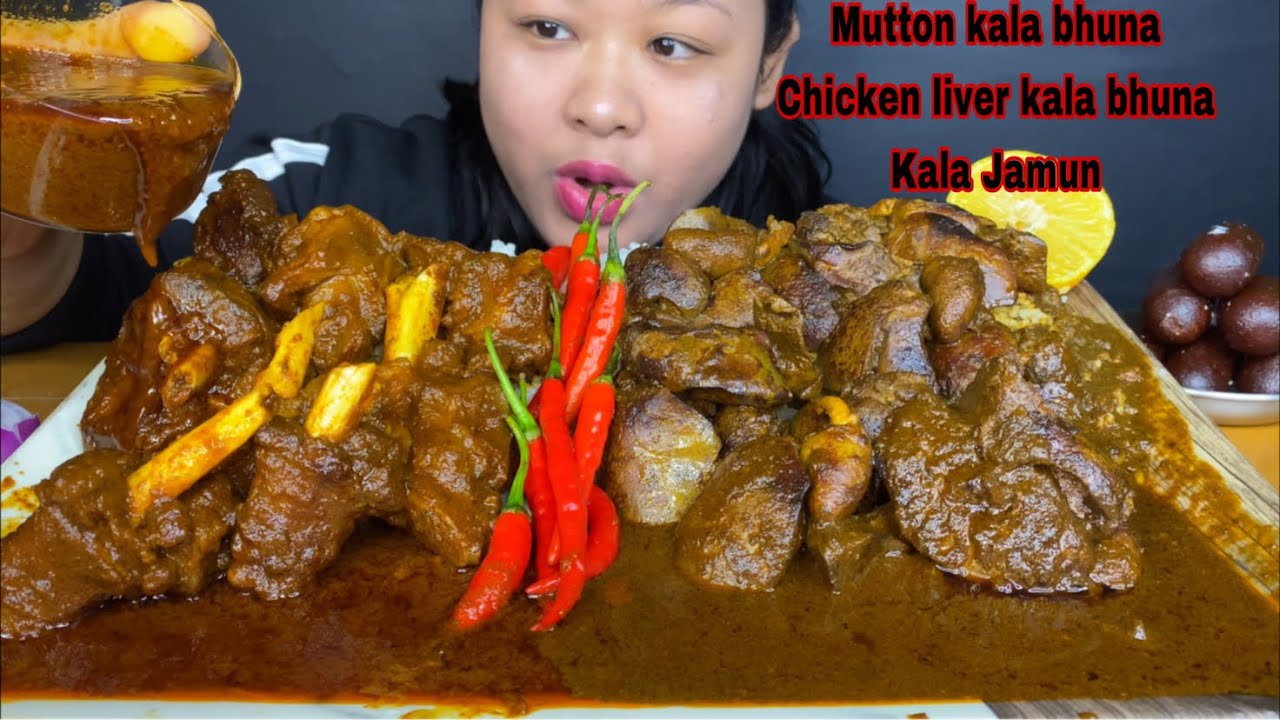 MUTTON KALA BHUNA/ SPICY MUTTON CURRY, KALA BHUNA CHICKEN LIVER CURRY, KALA JAMUN MUKBANG | BIG BITE