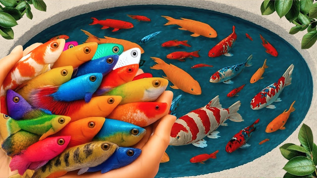 Catch beautiful aquarium fish in small pond, betta fish, catfish, goldfish, Comet fish, koi, Glofish
