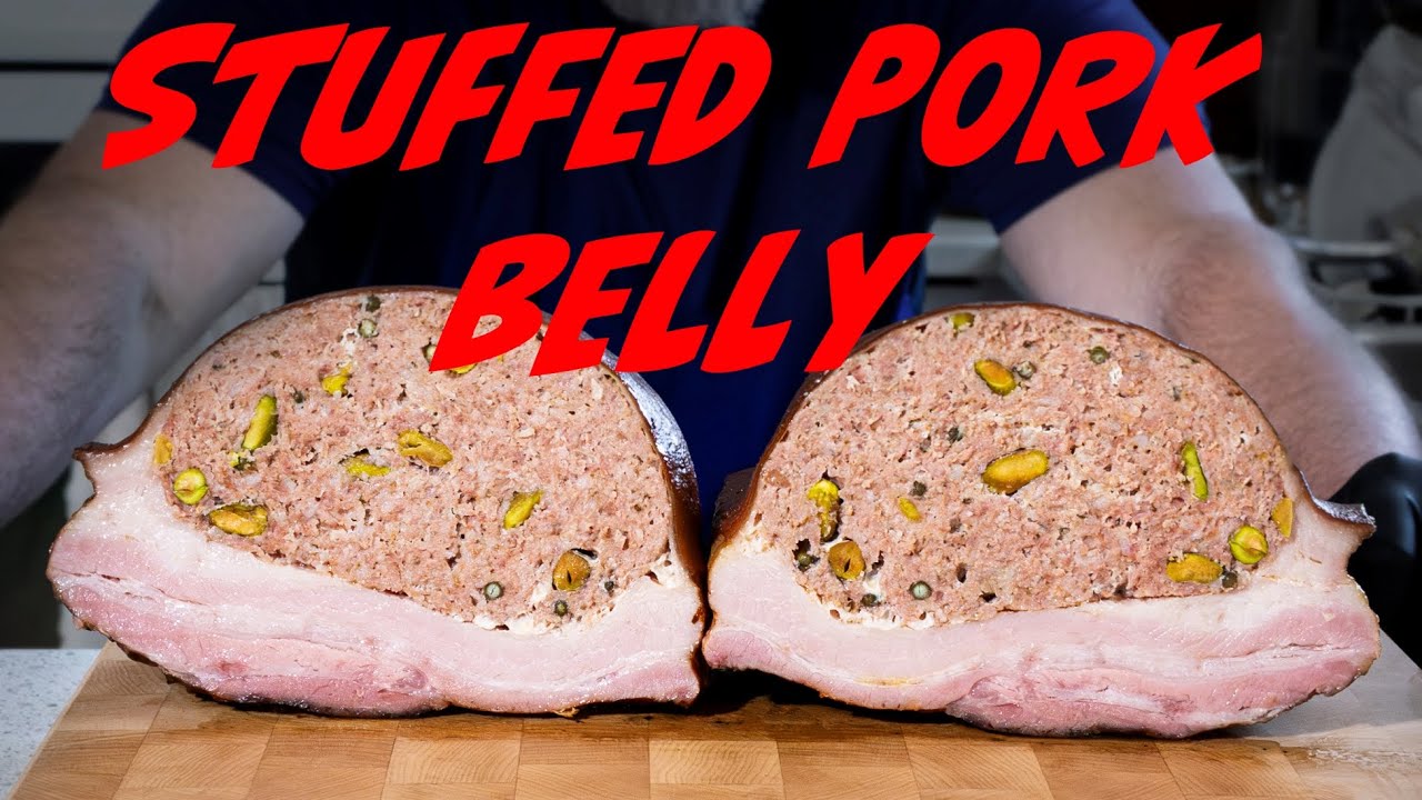 STUFFED PORK BELLY - cured and stuffed pork belly - smoked pork belly