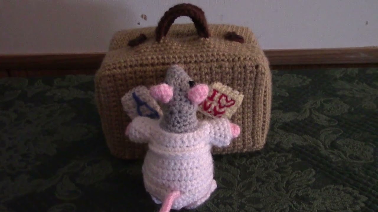 Crocheted Mouse in a suitcase