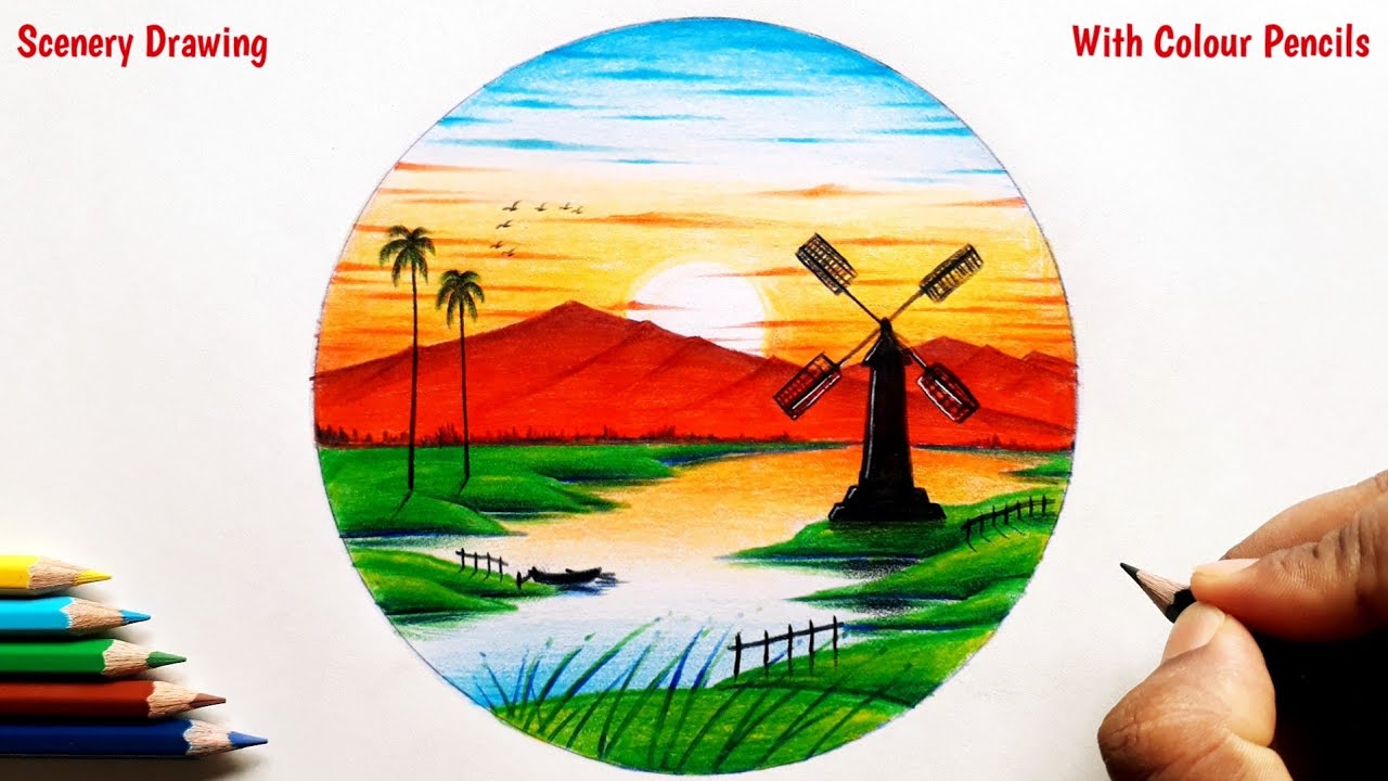 Pencil Colour Drawing - Of Sunset Scenery | Mountain Scenery Easy- colour pencil drawing