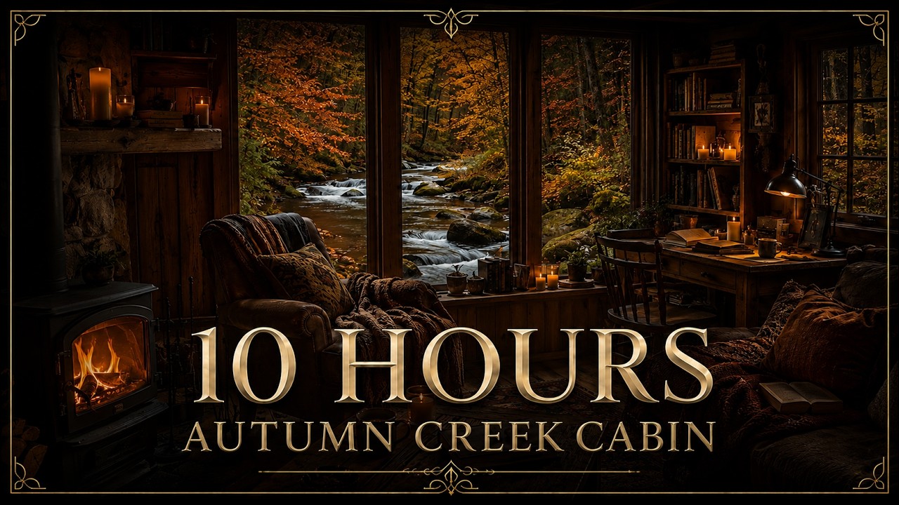 Autumn Creek Cabin Ambience | 10 Hours of Fireplace, Forest Stream & Cozy Reading Sounds