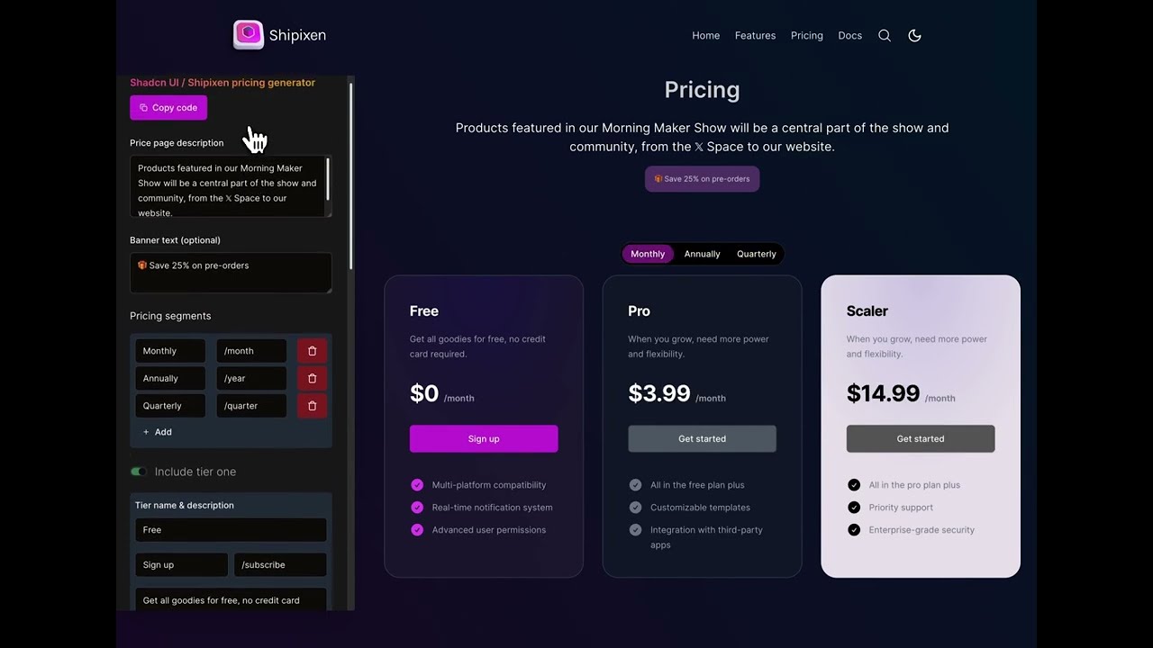 Pricing generator / Shipixen, ShadCN UI and TailwindCSS