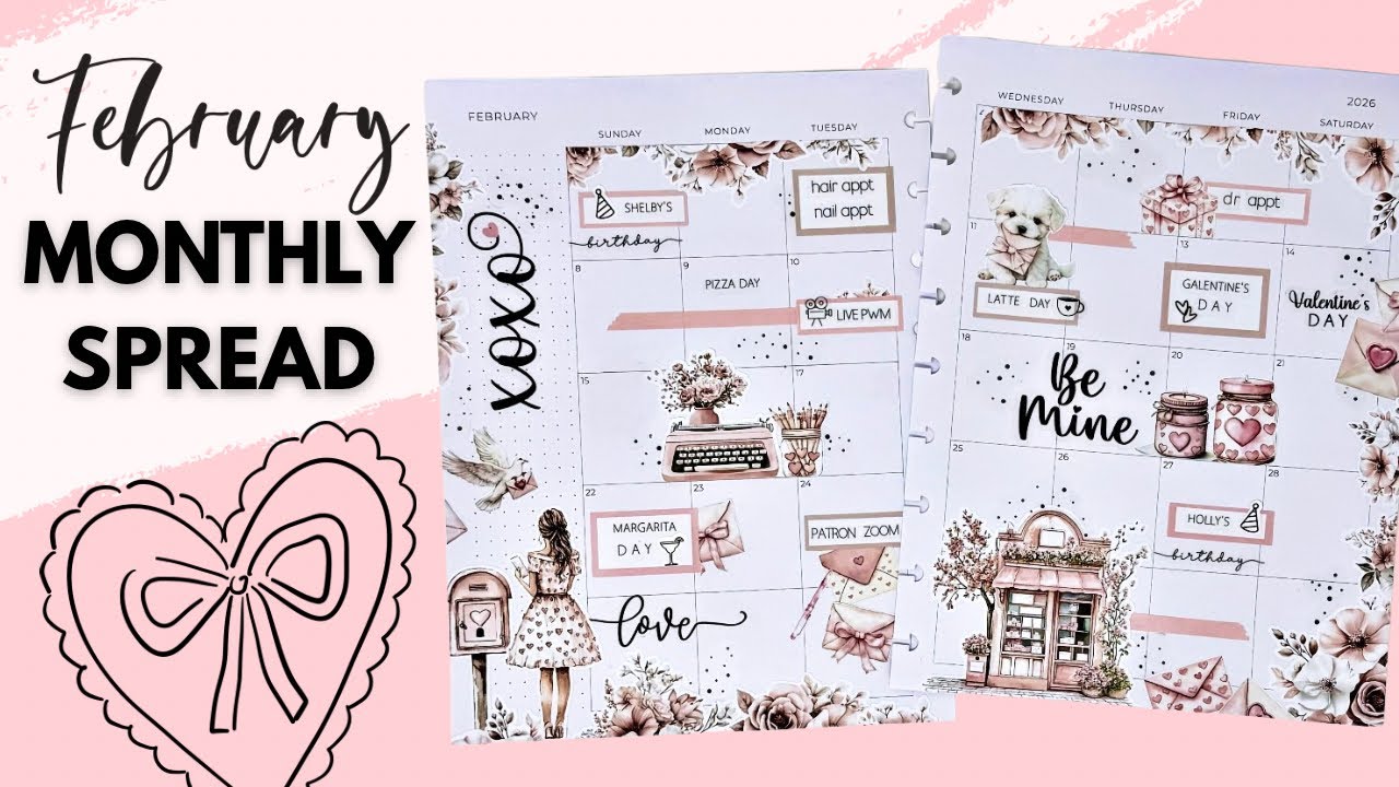 PLAN WITH ME | FEBRUARY MONTHLY VALENTINE&rsquo;S SPREAD | HAPPY PLANNER