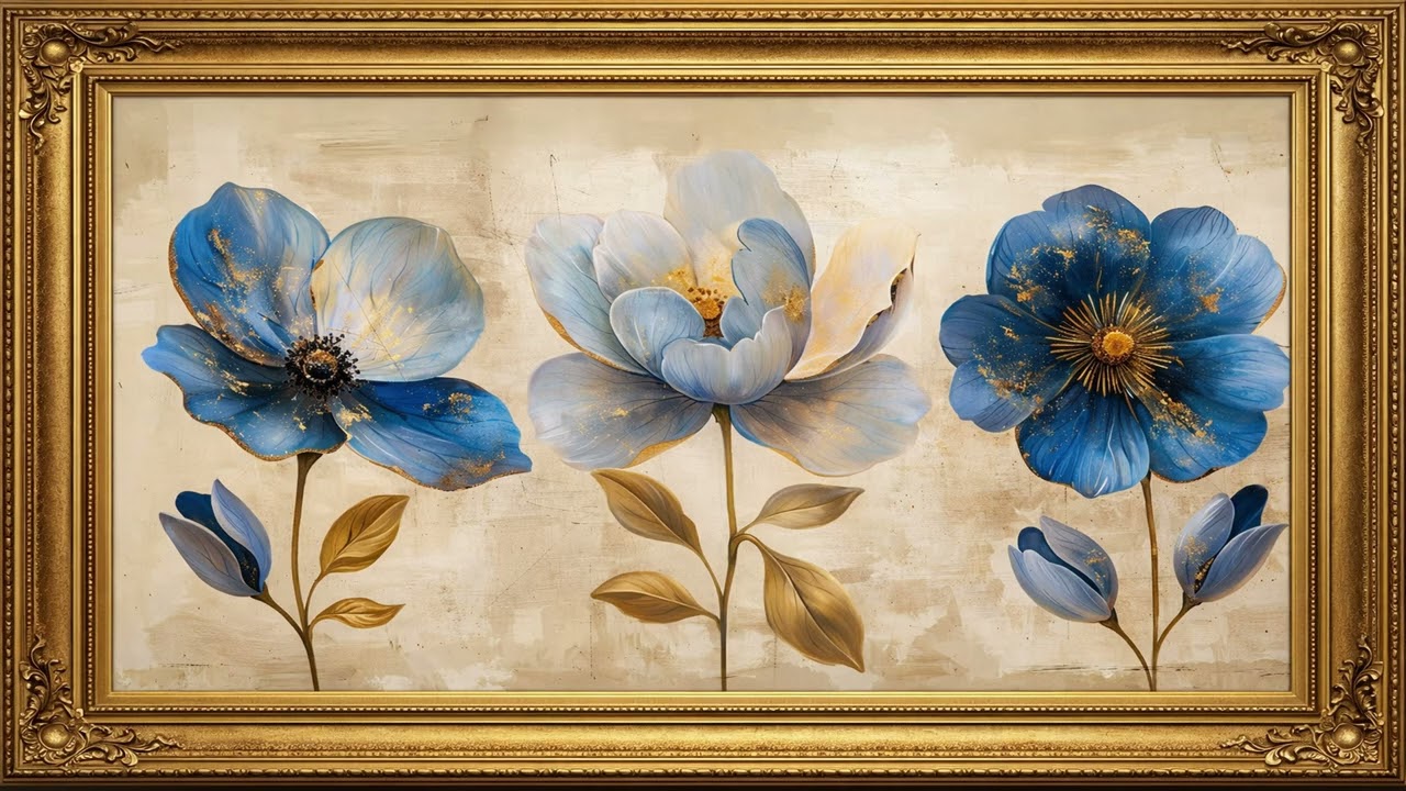 Classic Framed TV Art 4K 🌼 Blue Flowers with Gold Accents | 6 Hours | Silent