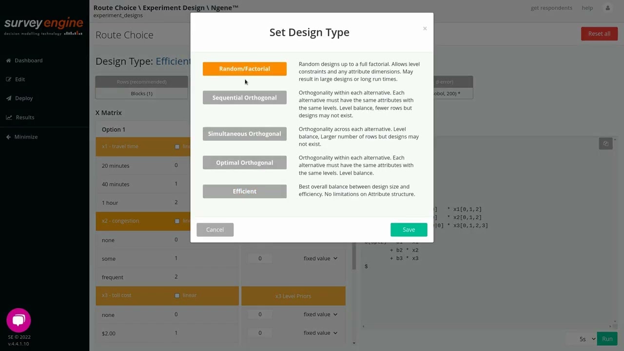 Generatng Experimental Designs in SurveyEngine