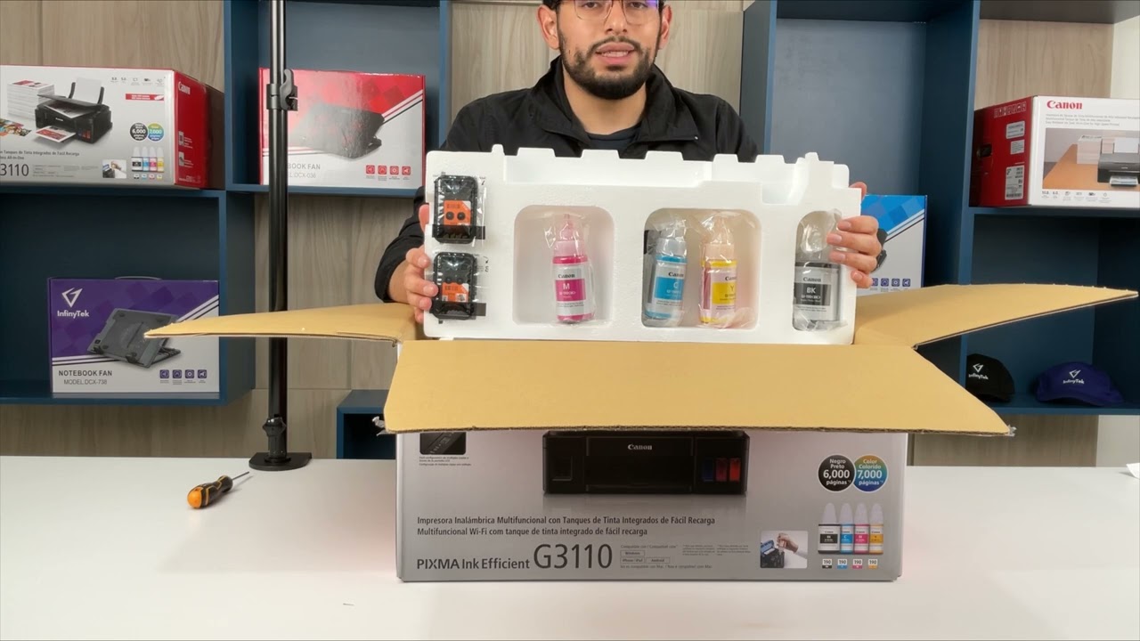 Unboxing impresora inalámbrica Canon G3110 multifunción con sistema de tinta continuo original