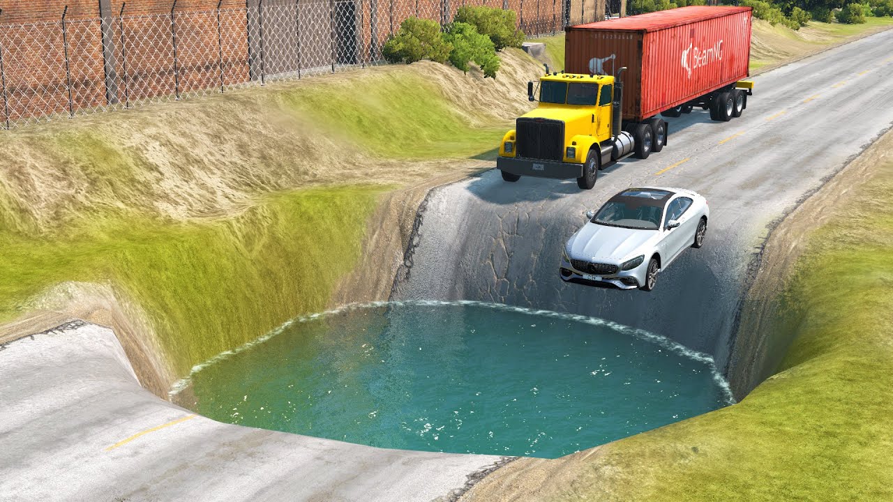 Cars vs Giant Water Hole - BeamNG.drive