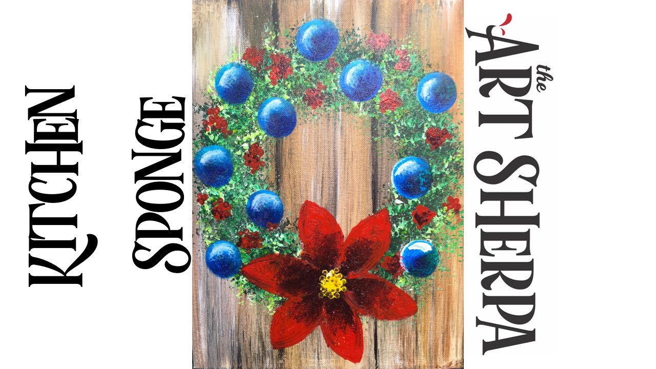 No Brushes Simple painting Technique Holiday Wreath Poinsettia | TheArtSherpa