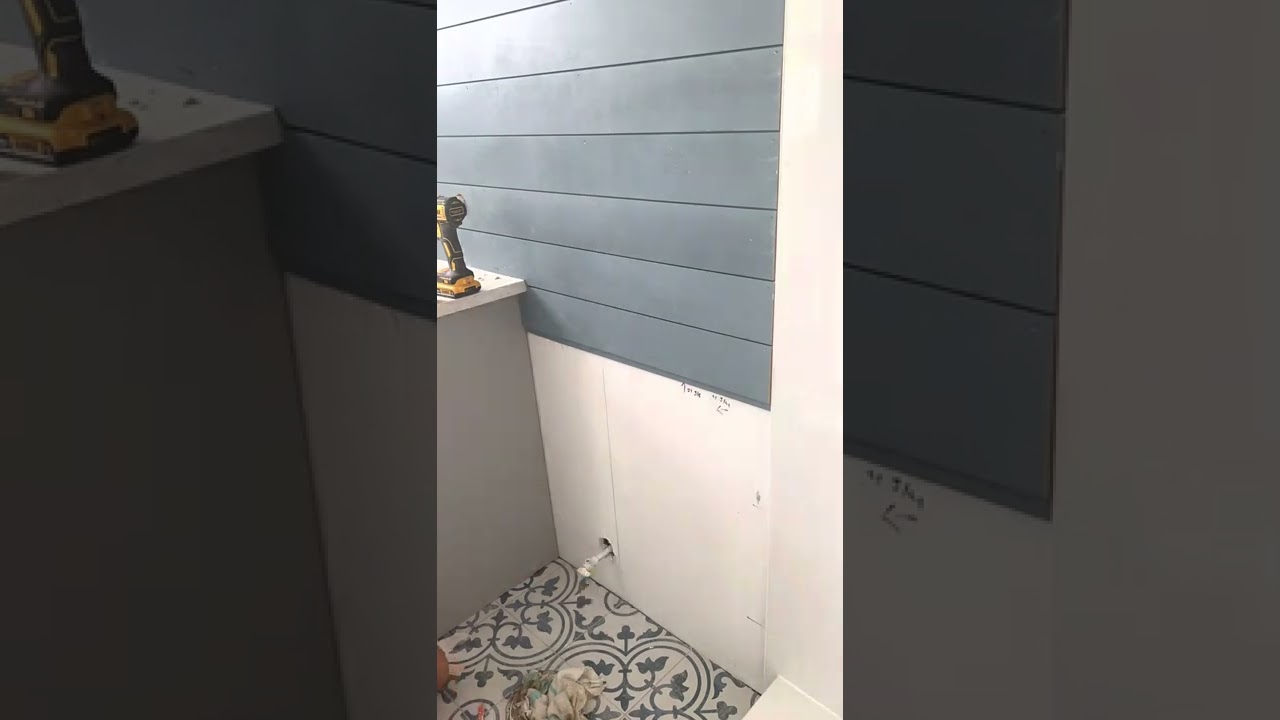 Small bathroom makeover! Blue coastal bathroom, Shiplap, large shower niche!