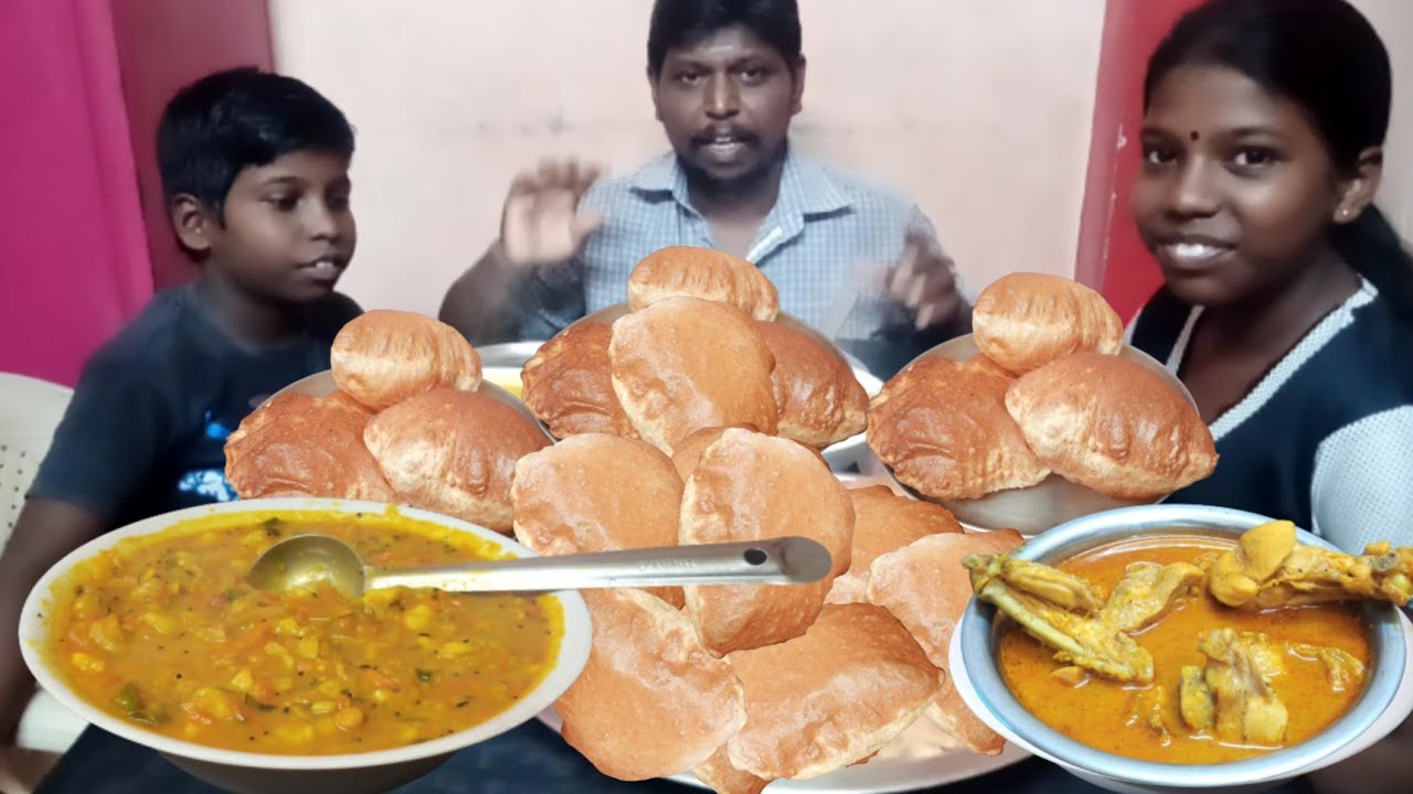 Indian special food poori with potato masala and chicken gravy eating challenge daddy and children