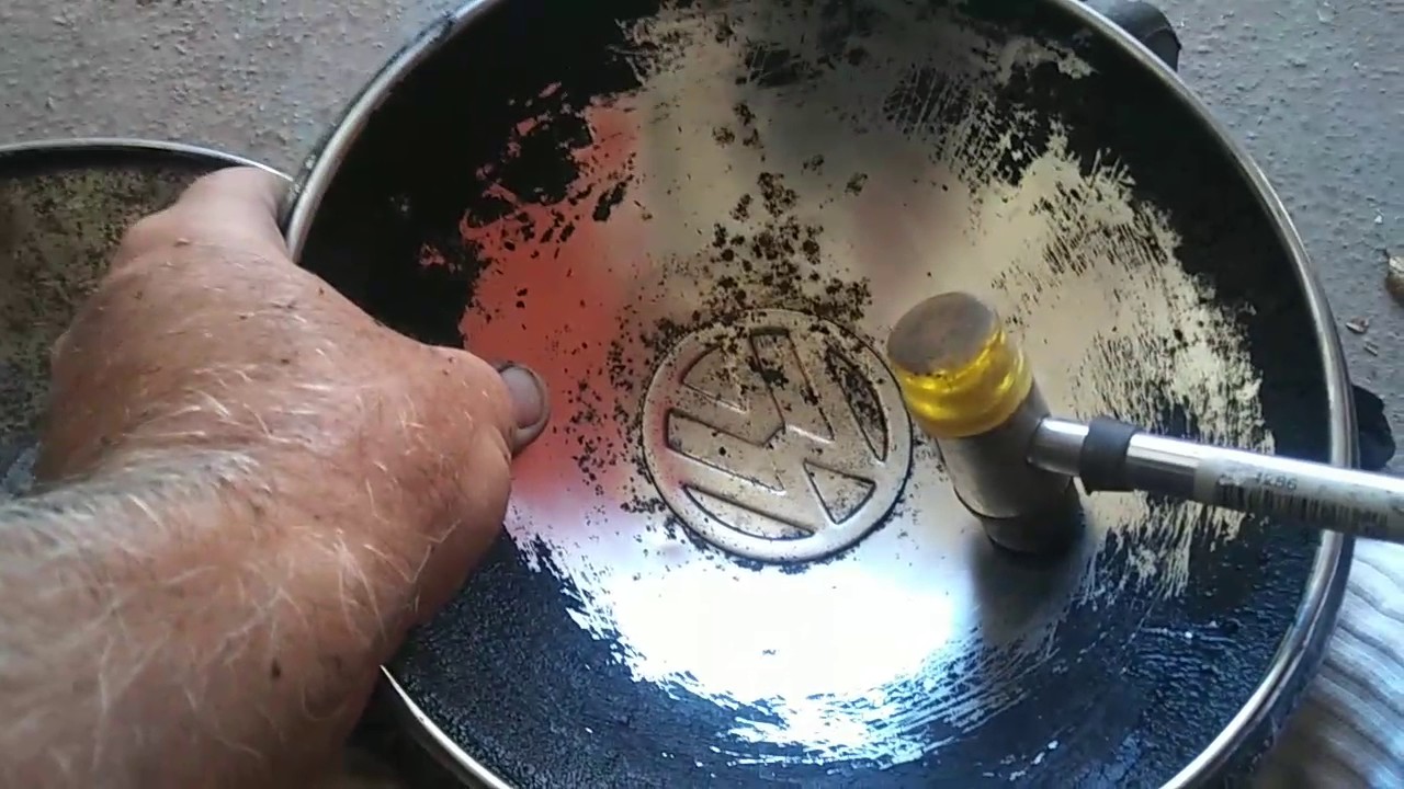 VW hubcap restoration and repair how to hammer out dents
