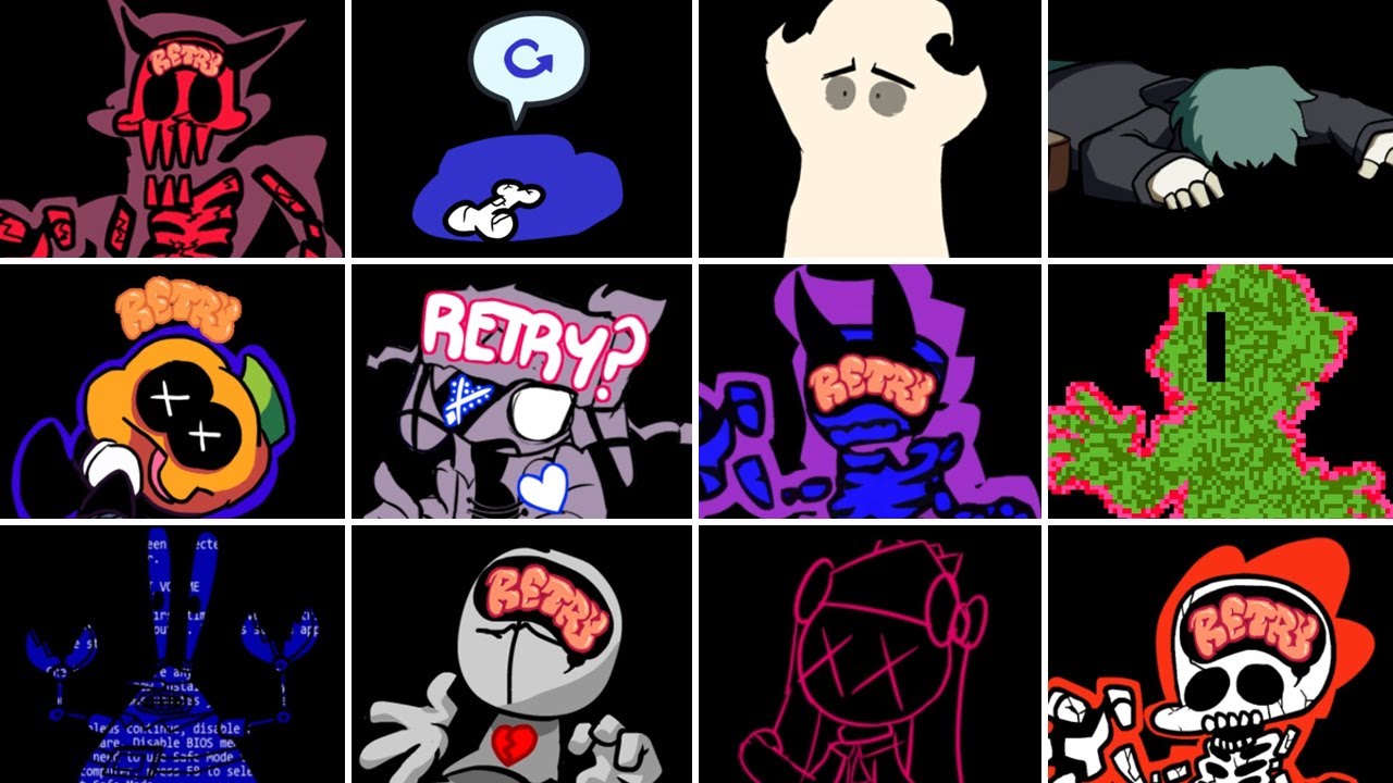 Game over and Miss Screen Compilation #1 (20 characters). Friday night funkin. FNF skin mod.