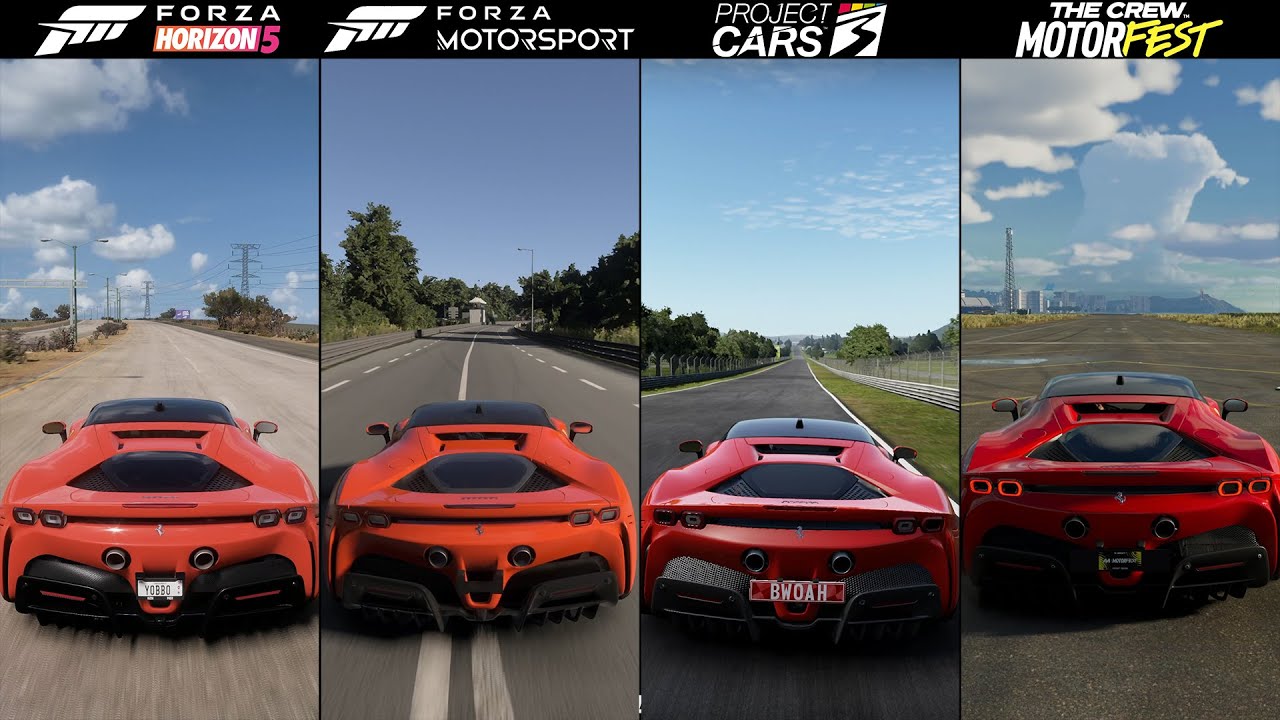 Horizon 5 vs Motorsport vs Project CARS 3 vs The Crew Motorfest - Ferrari SF90 Sound Comparison