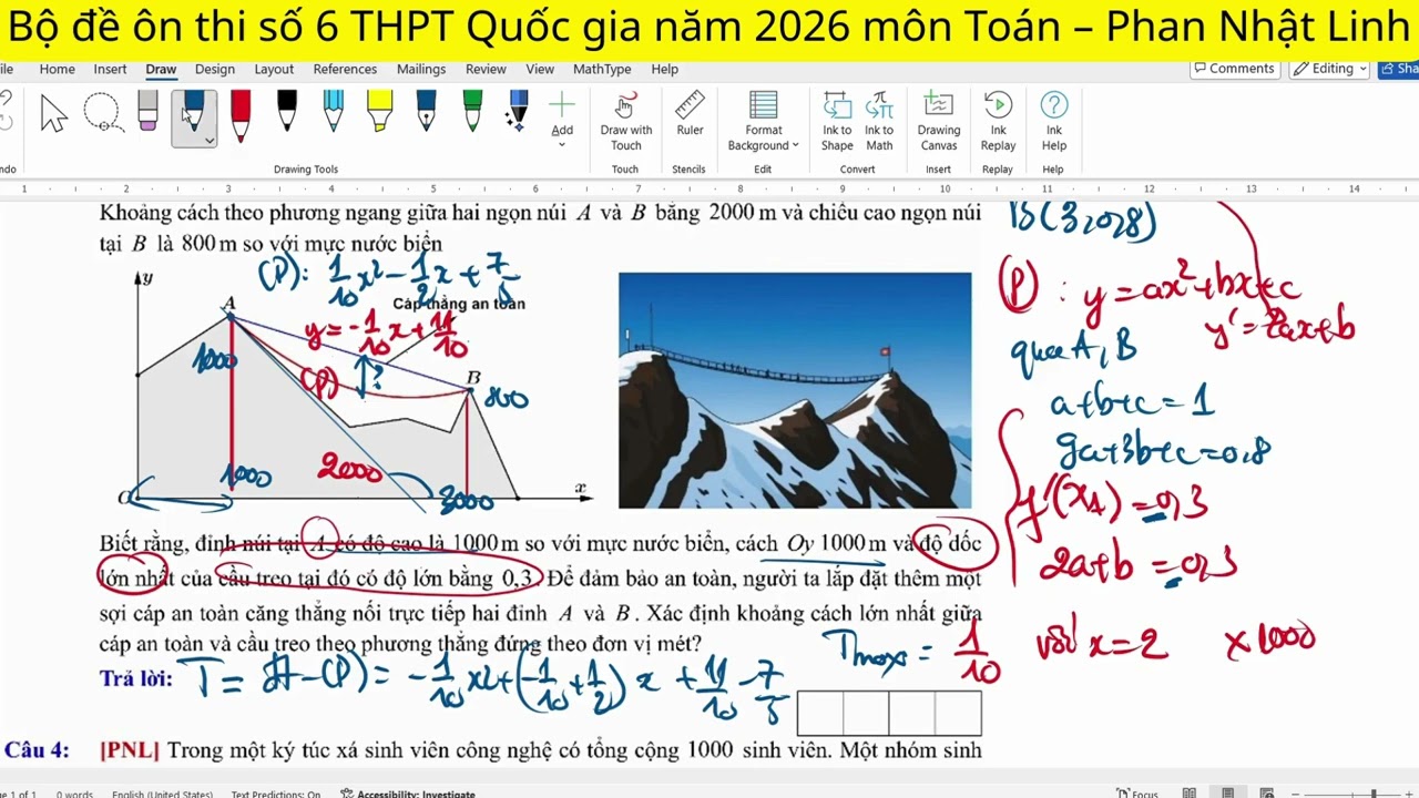 Hình vẽ dưới đây mô tả mặt cắt ngang của một khu du lịch sinh thái kết nối hai đỉnh núi tại A và B