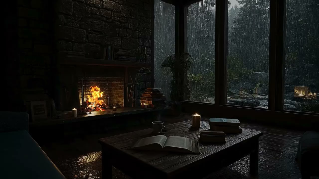 Cozy Seaside Rain Porch | Gentle Rainfall, Soft Thunder & Warm Fireplace Ambience for Deep Sleep
