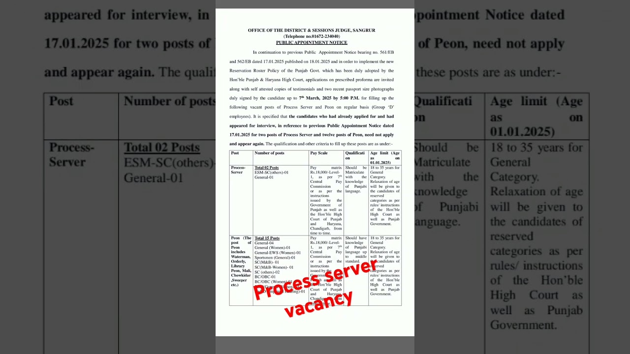 Sangrur court process server vacancy 2025