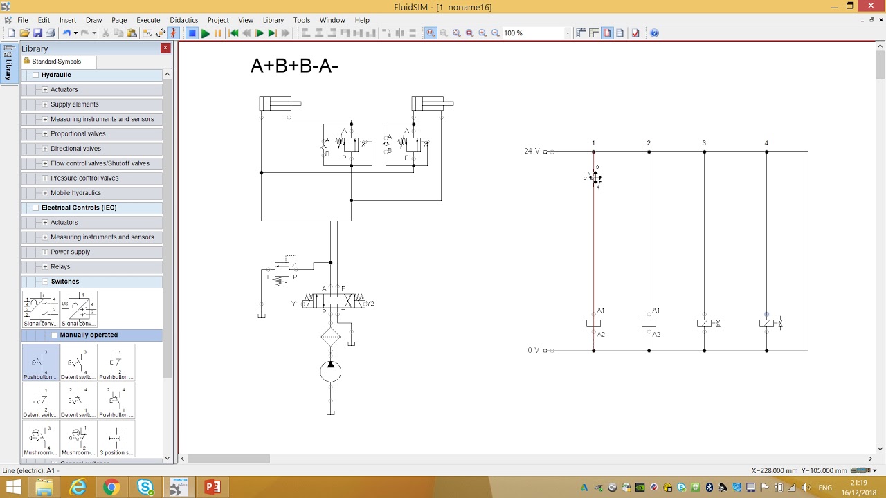 Electro-hydraulic circuit (A+B+B-A-)