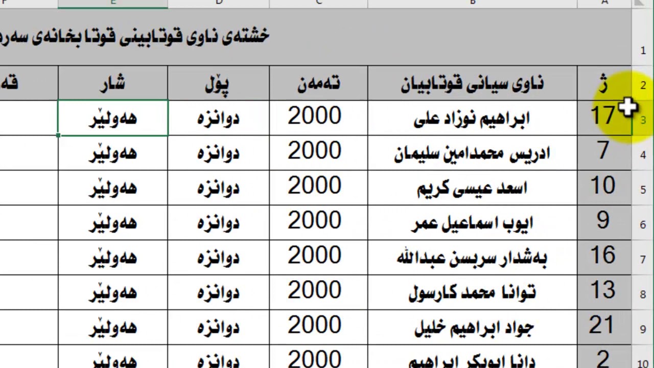 ئێكسڵ وانەی چوارەم-  رێكخستنی ناوەكانی ناو خشتەكەت بە شێوەی حروفی ابجدی لە الف ەوە بۆ یاء