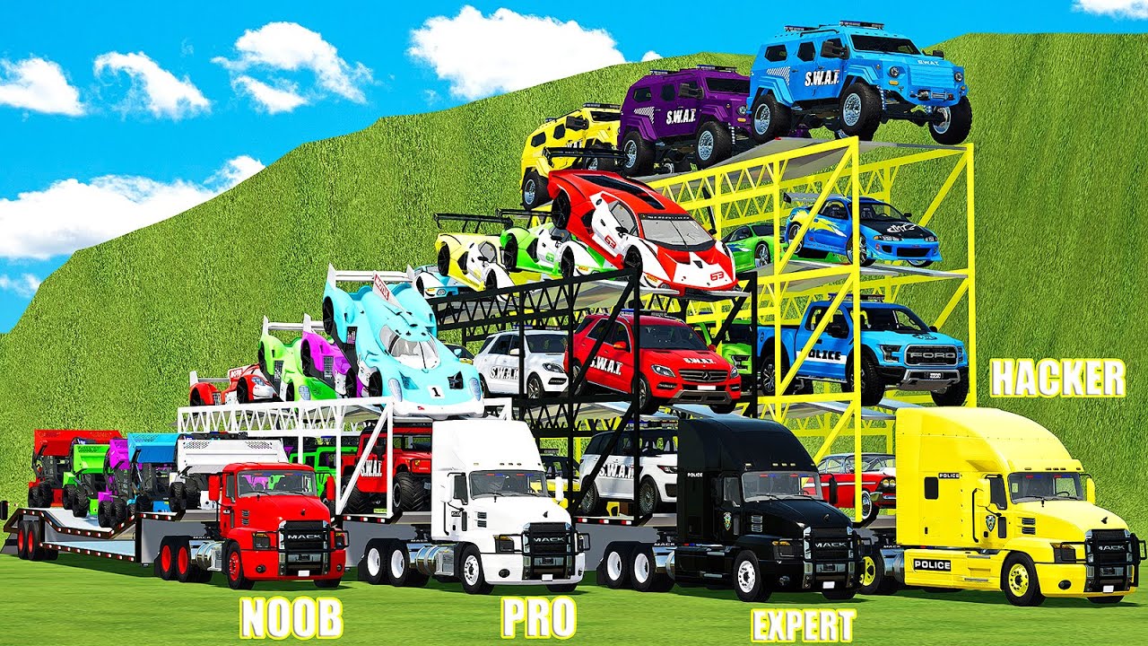 NOOB VS PRO VS EXPERT VS HACKER FOUR LEVEL TRANSPORT BATTLE! Farming Simulator 22