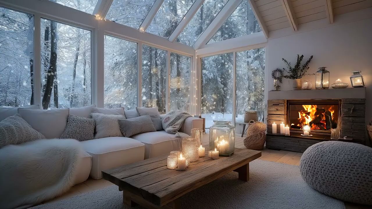 ❄️🔥 This Snowy Piano Lounge Feels Like Heaven | Warm Fireplace, Gentle Flowers & Peaceful Sleep