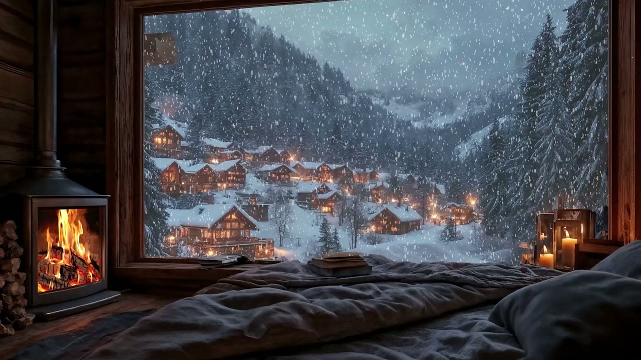 NO ADS ❄️🔥 Cozy Winter Cabin at Night | Crackling Fireplace & Soft Snowfall for Deep Sleep