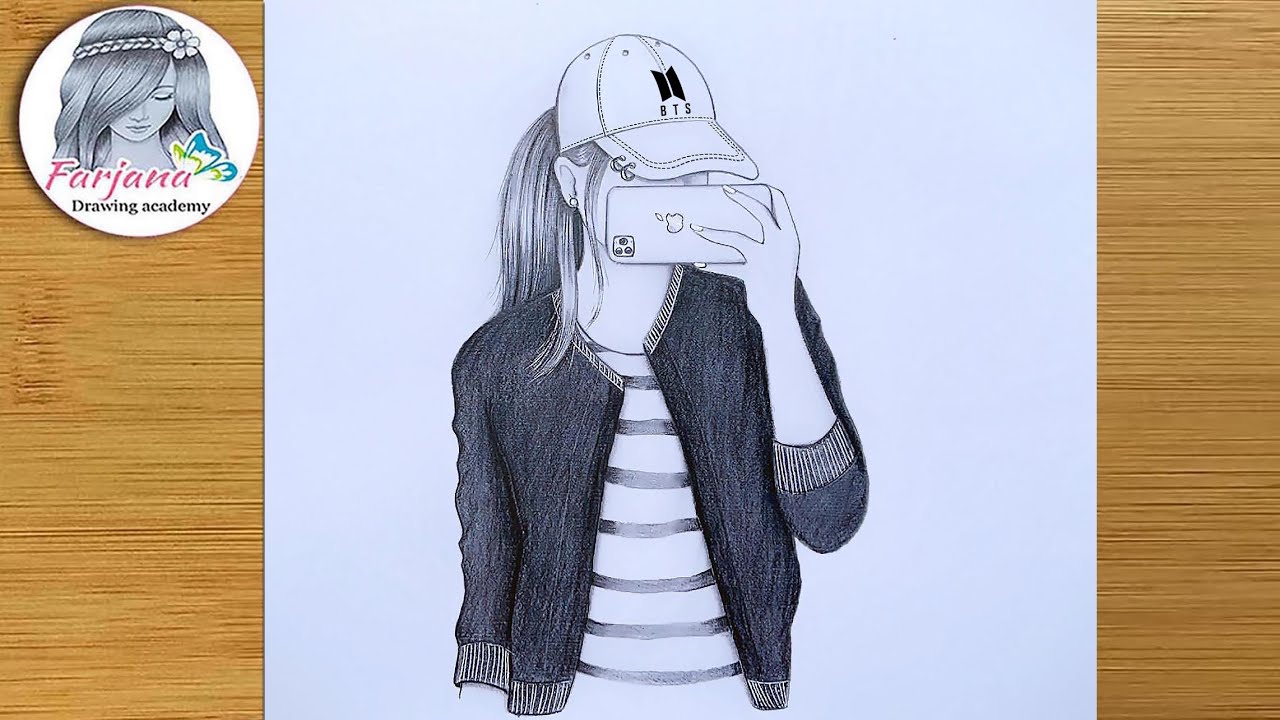 A Girl Taking A Selfie - Easy Pencil Sketch | Hidden face drawing | How to draw a girl with cap