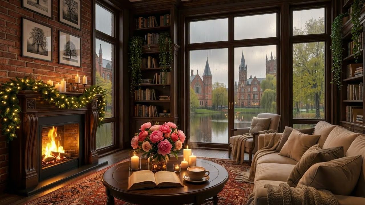 Cozy Rain Jazz 🎷 Fireplace Ambience for Relaxation & Focus