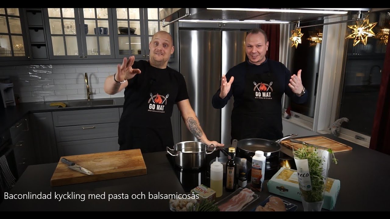 Baconlindad kyckling med pasta och balsamicosås I Go Mat