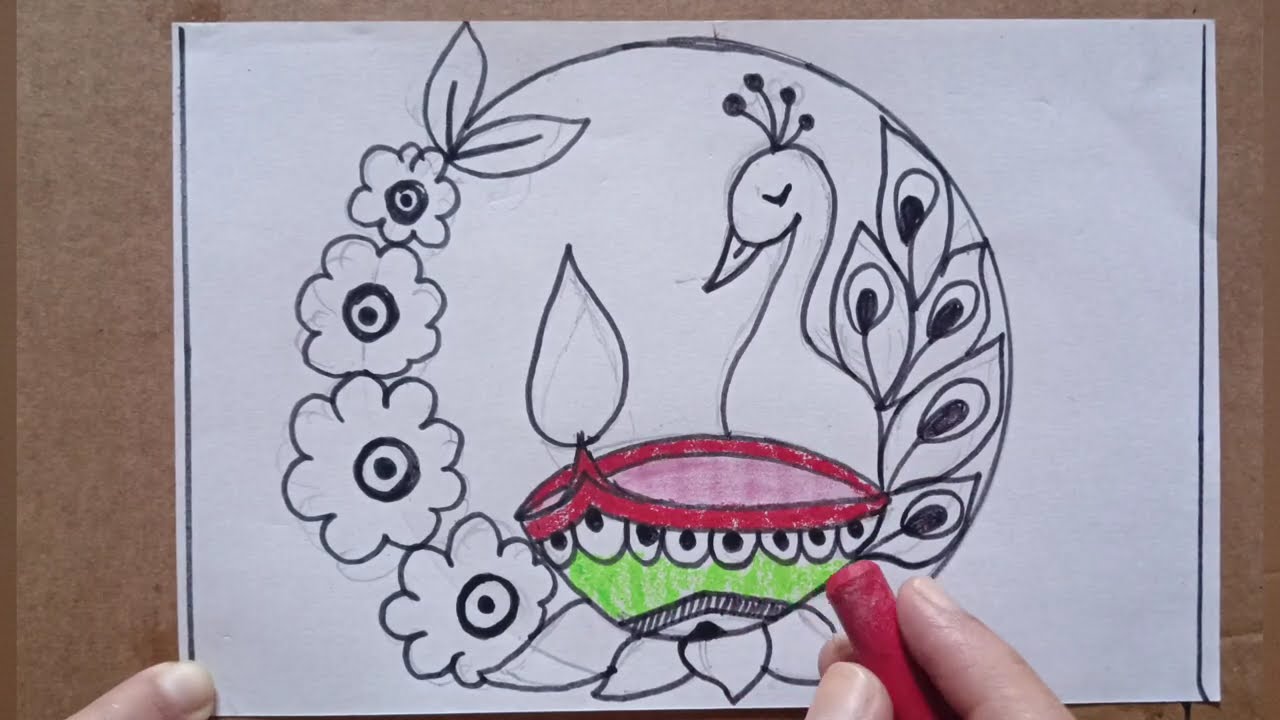 Beautiful Peacock with Diya Drawing |Easy Diwali Special Drawing for Kids |Step by Step Art Tutorial
