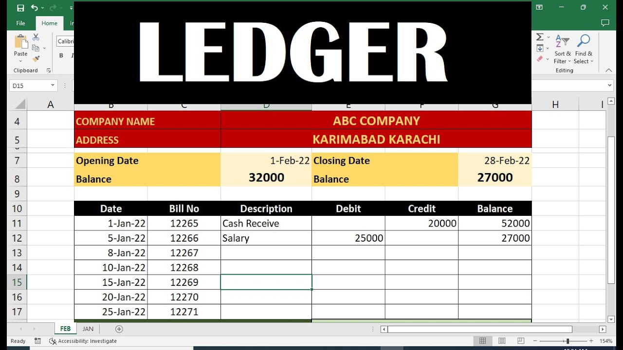 how to make excel ledger Sheet with debits and credits