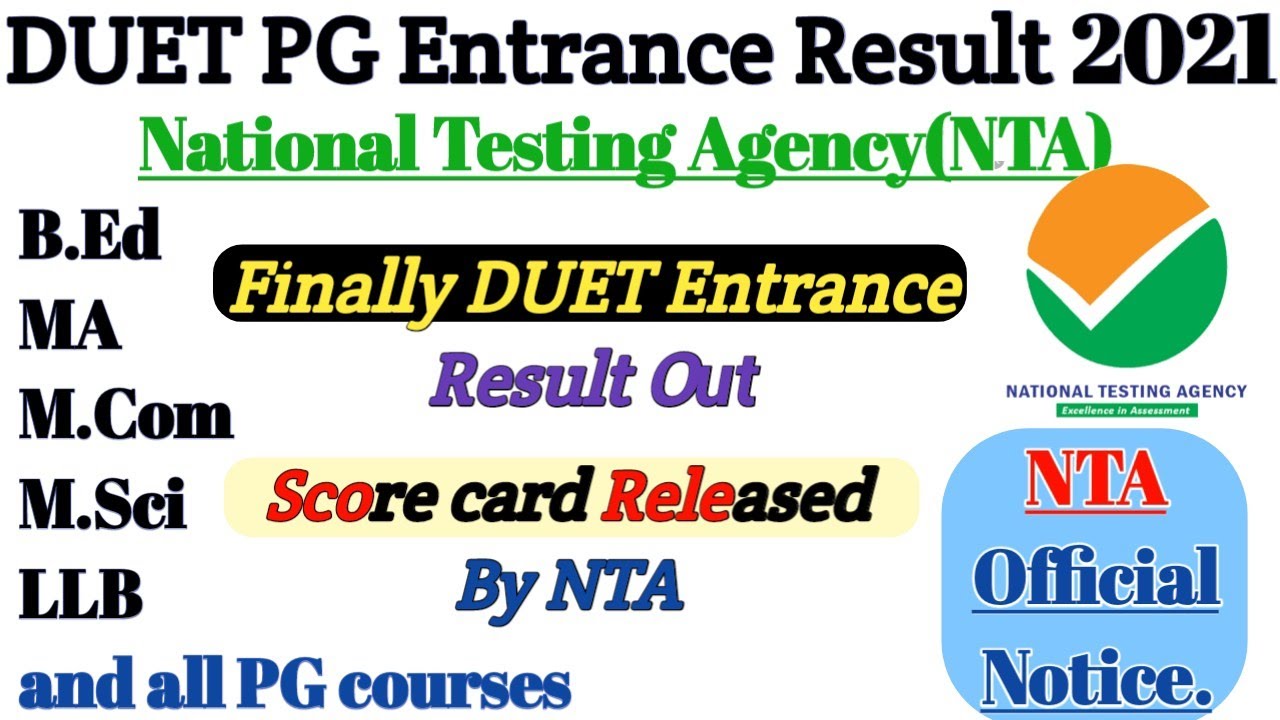 DU PG Result 2021 || DUET PG Result 2021 Score Card Released || NTA Official Notice.